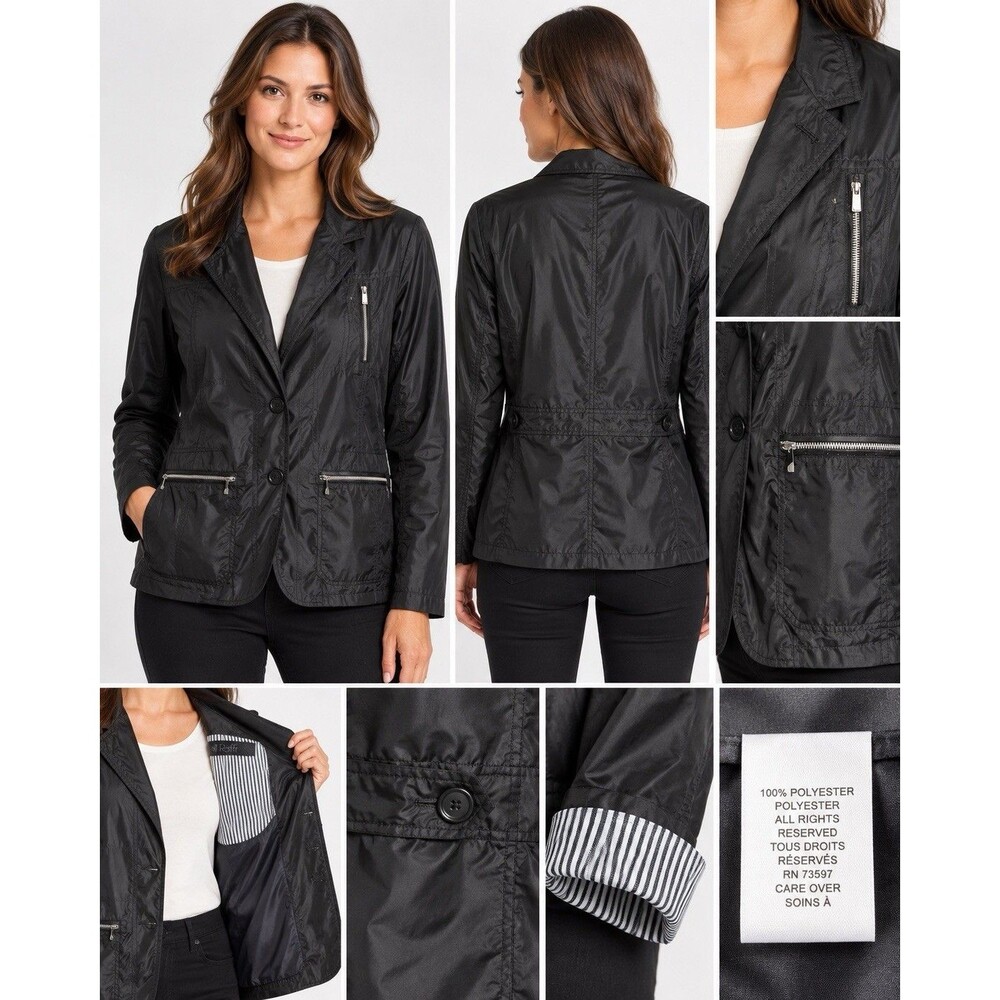 Raffi Women’s Large Black Lightweight Blazer Jacket Zip Pockets 100% Polyester b